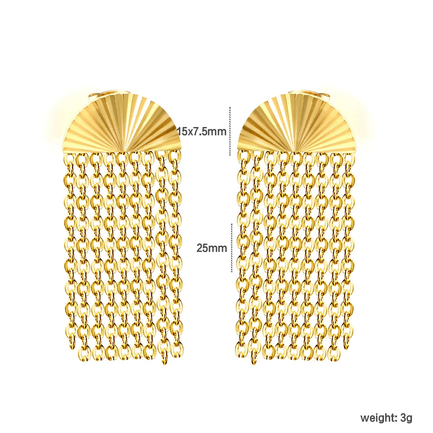 Fan Top Chain Tassel Drop Earrings | 18K Gold Plated Stainless Steel | Wholesale Bulk Order MOQ 12