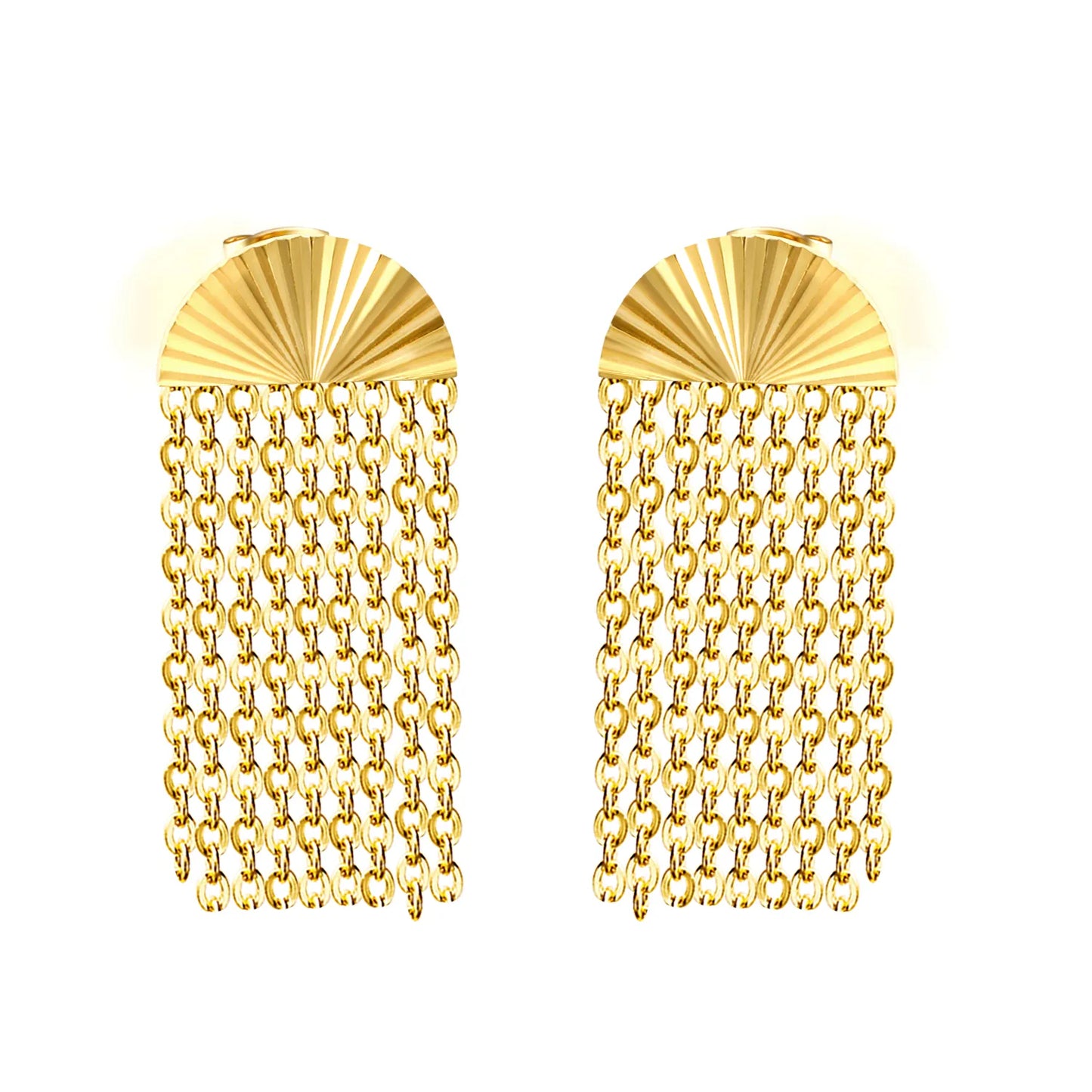 Fan Top Chain Tassel Drop Earrings | 18K Gold Plated Stainless Steel | Wholesale Bulk Order MOQ 12