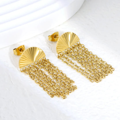 Fan Top Chain Tassel Drop Earrings | 18K Gold Plated Stainless Steel | Wholesale Bulk Order MOQ 12