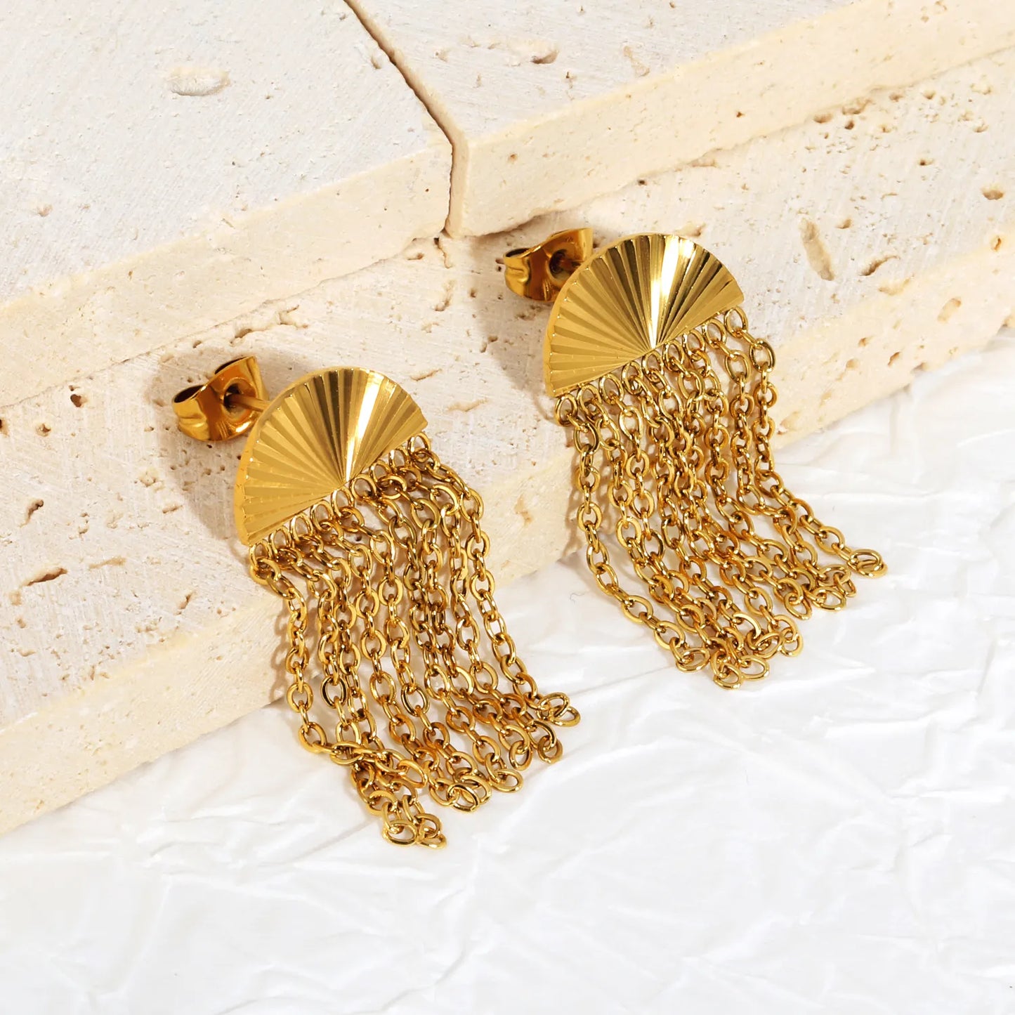 Fan Top Chain Tassel Drop Earrings | 18K Gold Plated Stainless Steel | Wholesale Bulk Order MOQ 12