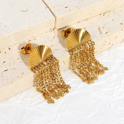 Fan Top Chain Tassel Drop Earrings | 18K Gold Plated Stainless Steel | Wholesale Bulk Order MOQ 12