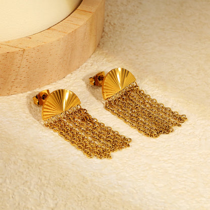 Fan Top Chain Tassel Drop Earrings | 18K Gold Plated Stainless Steel | Wholesale Bulk Order MOQ 12