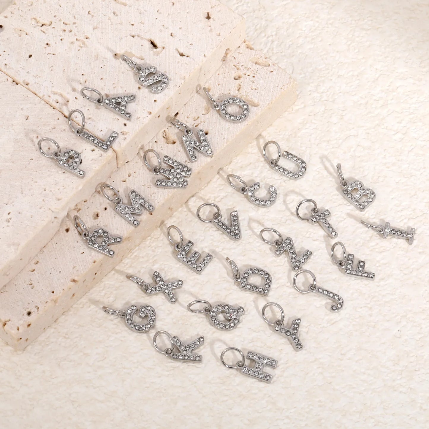 Silver Initial Letter Charms with Cubic Zirconia | Hypoallergenic Stainless Steel | Wholesale Bulk Order