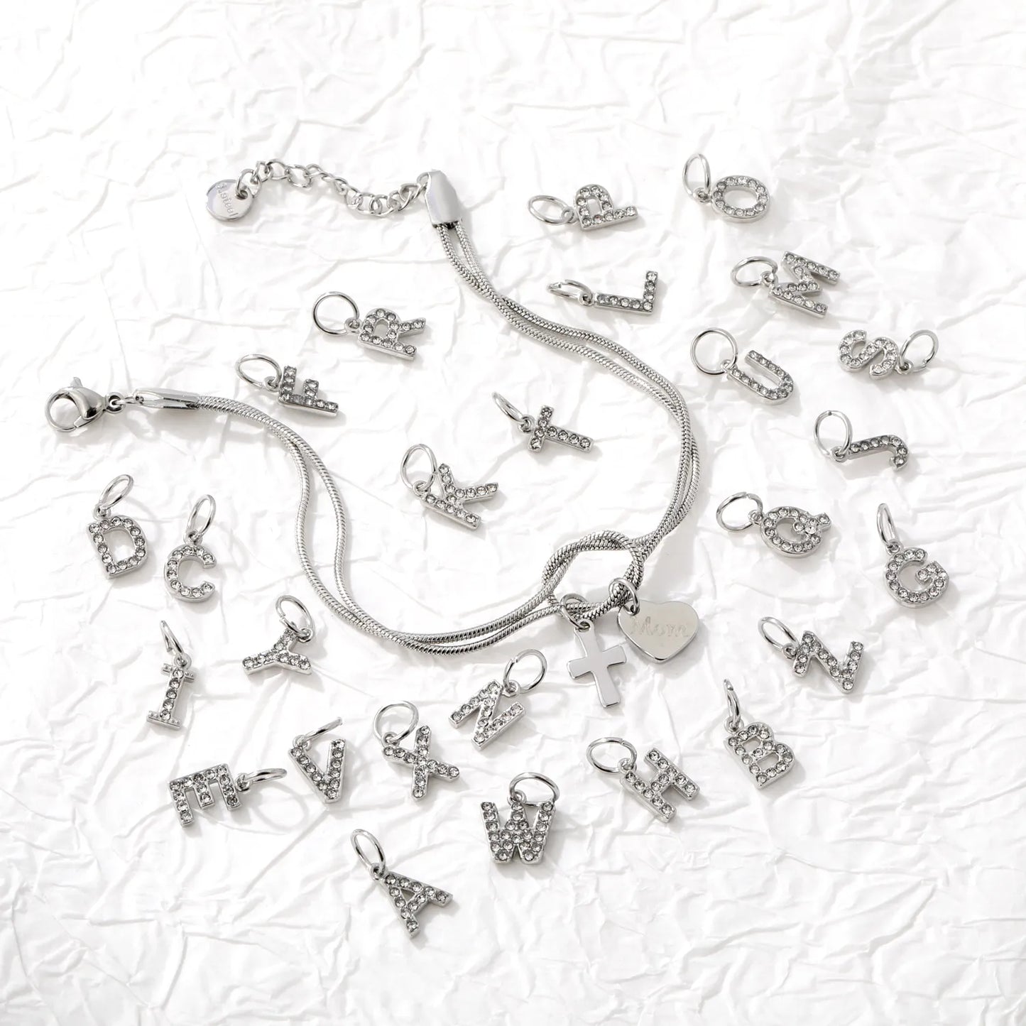 Silver Initial Letter Charms with Cubic Zirconia | Hypoallergenic Stainless Steel | Wholesale Bulk Order