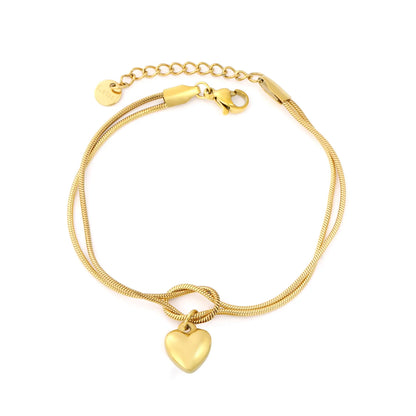 Wholesale 18K Gold Plated Double Layer Heart Charm Stainless Steel Bracelet for Women | Hypoallergenic Snake Chain Knot Bracelet Jewelry