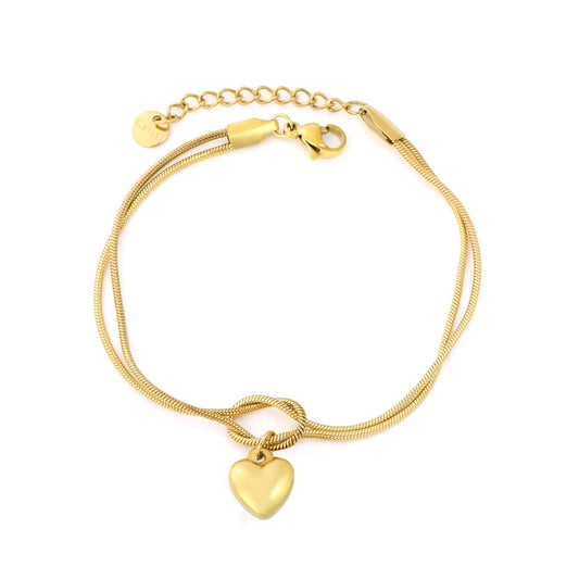 Wholesale 18K Gold Plated Double Layer Heart Charm Stainless Steel Bracelet for Women | Hypoallergenic Snake Chain Knot Bracelet Jewelry