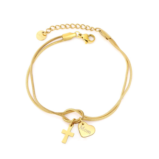 Wholesale 18K Gold Plated "Mom" Heart & Cross Charm Stainless Steel Bracelet | Double Layer Knot Snake Chain Jewelry