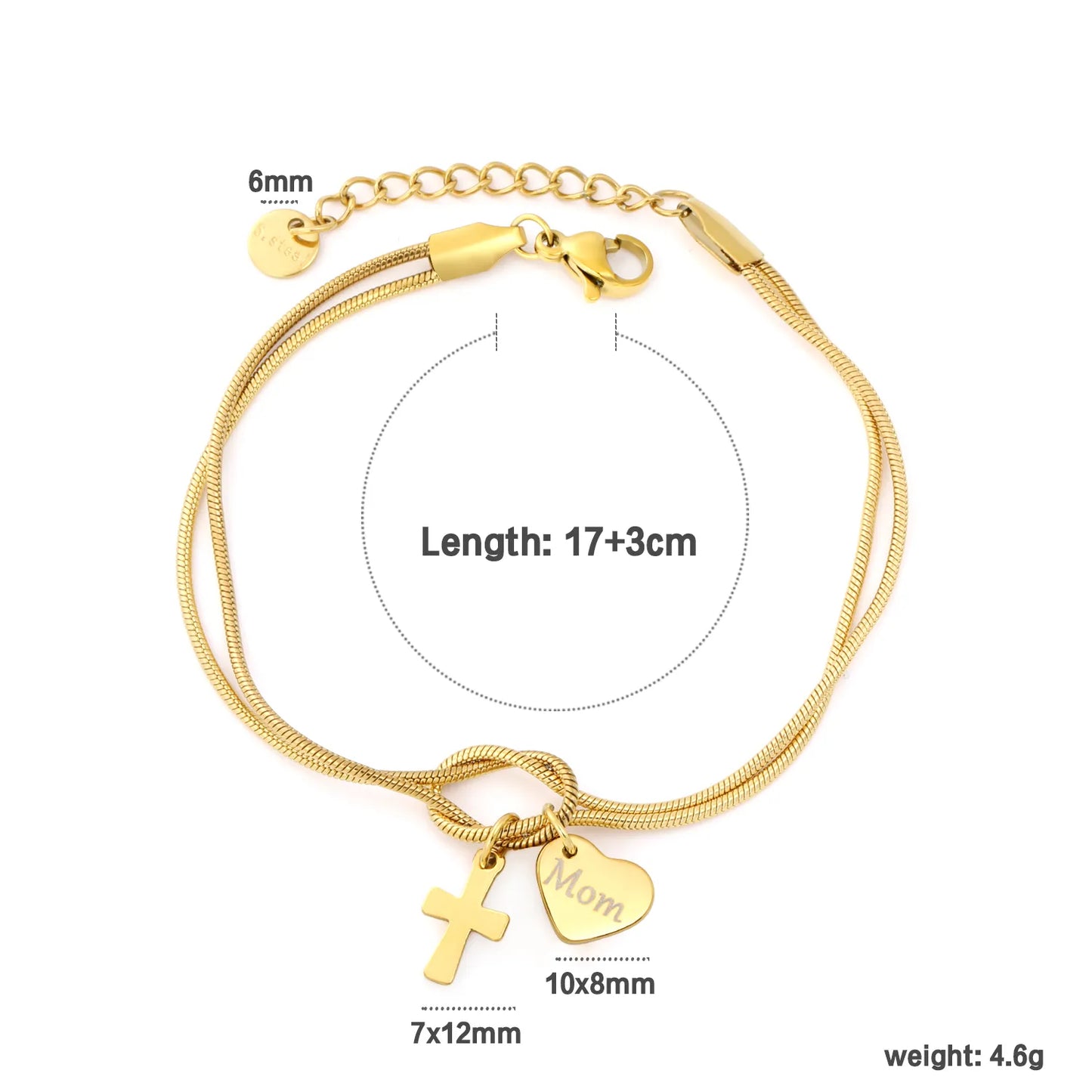 Wholesale 18K Gold Plated "Mom" Heart & Cross Charm Stainless Steel Bracelet | Double Layer Knot Snake Chain Jewelry