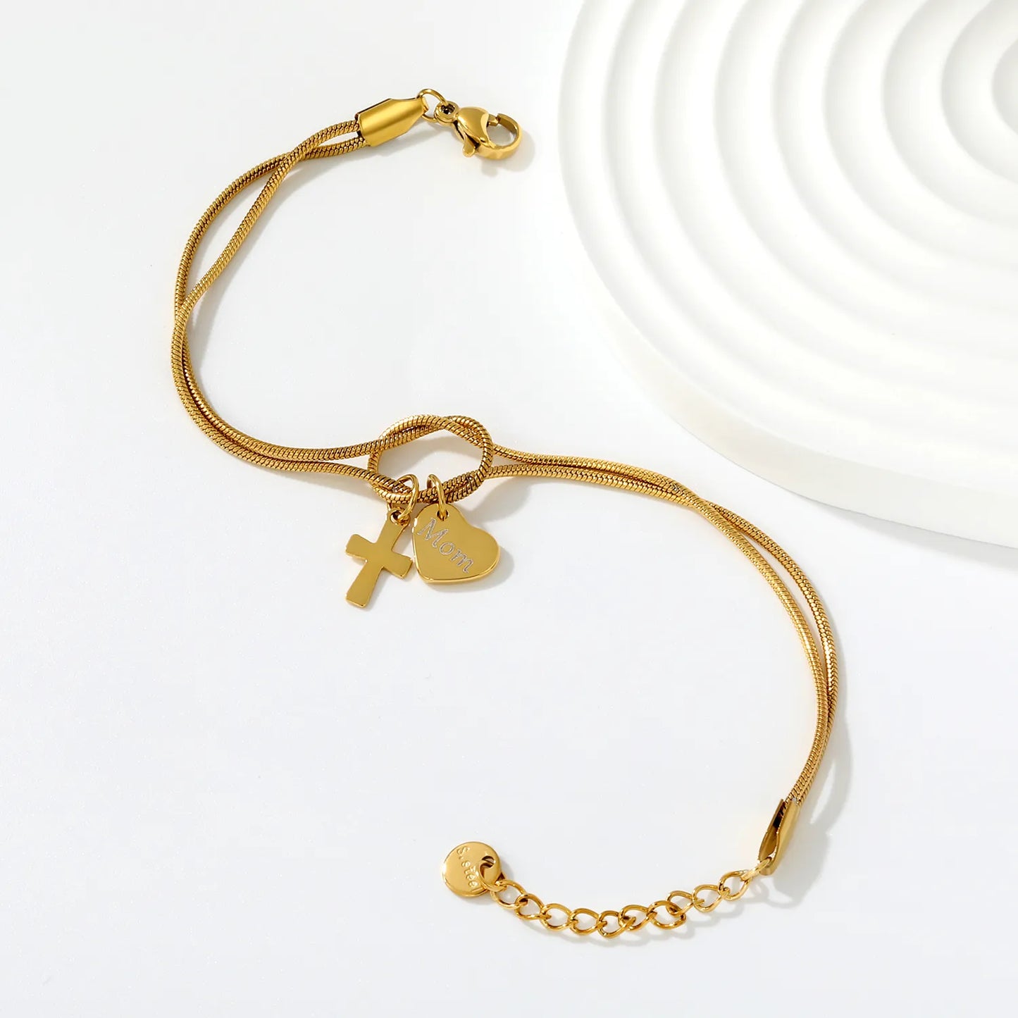 Wholesale 18K Gold Plated "Mom" Heart & Cross Charm Stainless Steel Bracelet | Double Layer Knot Snake Chain Jewelry