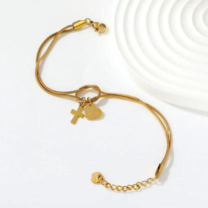 Wholesale 18K Gold Plated "Mom" Heart & Cross Charm Stainless Steel Bracelet | Double Layer Knot Snake Chain Jewelry