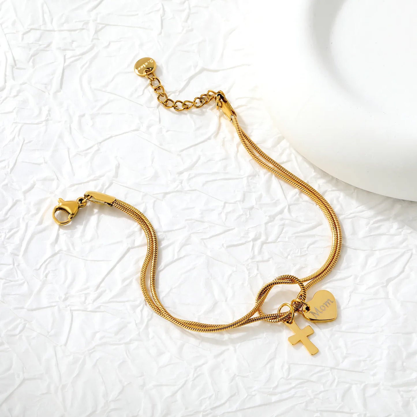 Wholesale 18K Gold Plated "Mom" Heart & Cross Charm Stainless Steel Bracelet | Double Layer Knot Snake Chain Jewelry