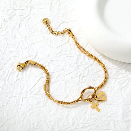 Wholesale 18K Gold Plated "Mom" Heart & Cross Charm Stainless Steel Bracelet | Double Layer Knot Snake Chain Jewelry