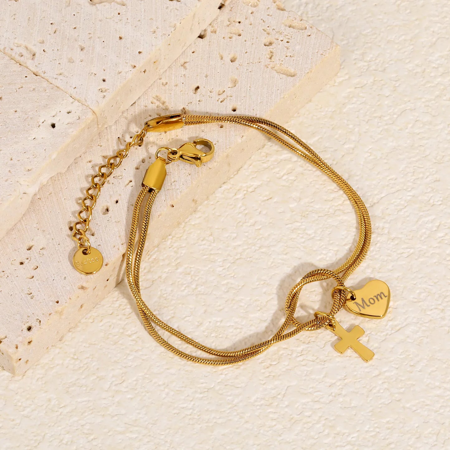 Wholesale 18K Gold Plated "Mom" Heart & Cross Charm Stainless Steel Bracelet | Double Layer Knot Snake Chain Jewelry