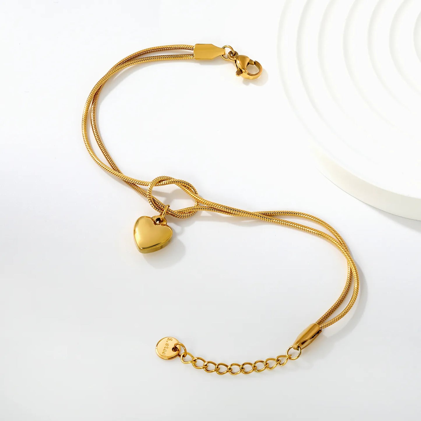 Wholesale 18K Gold Plated Double Layer Heart Charm Stainless Steel Bracelet for Women | Hypoallergenic Snake Chain Knot Bracelet Jewelry