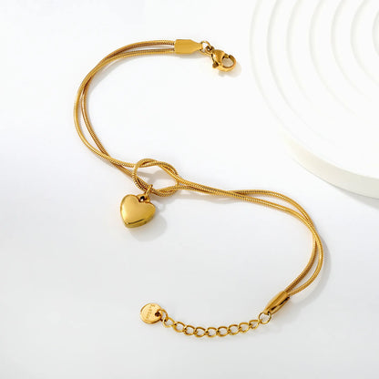 Wholesale 18K Gold Plated Double Layer Heart Charm Stainless Steel Bracelet for Women | Hypoallergenic Snake Chain Knot Bracelet Jewelry