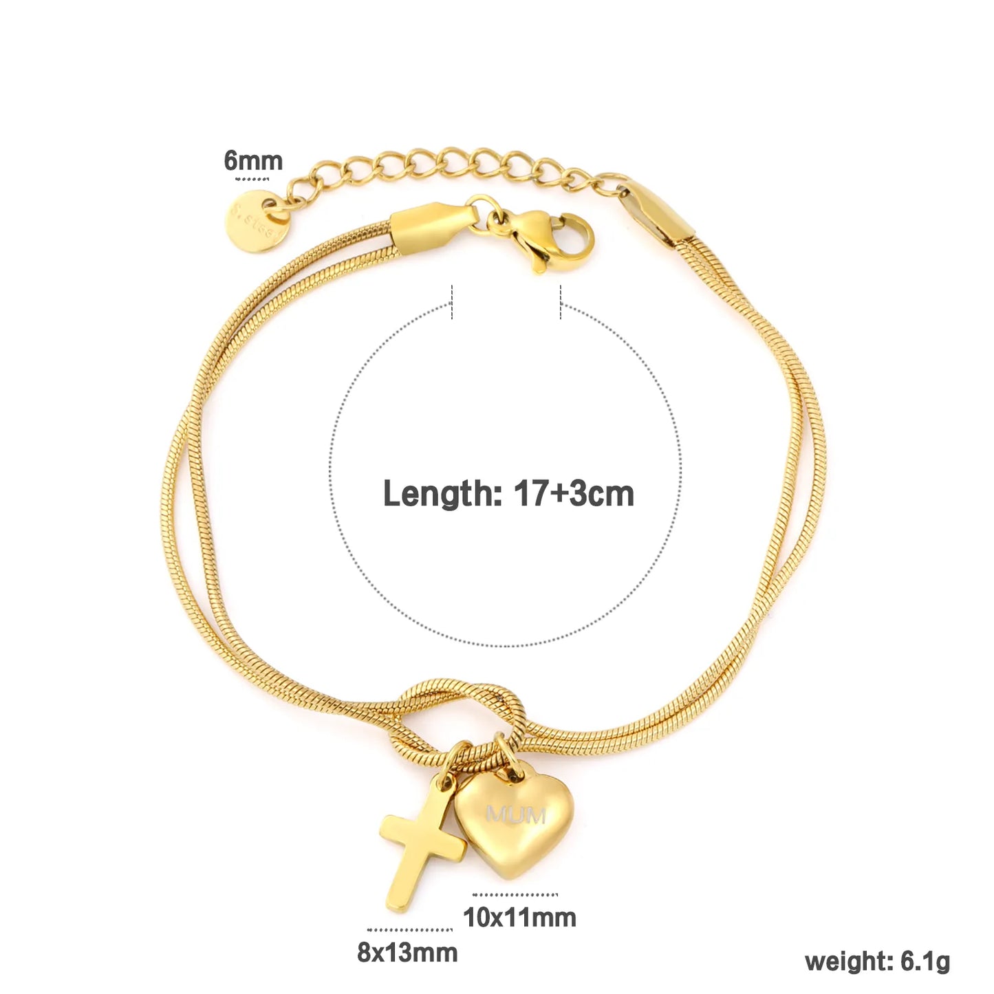 Wholesale Mother’s Day "MUM" Heart & Cross Charm Stainless Steel Bracelet | 18K Gold Plated | Double Layer Knot Snake Chain | Bulk Order MOQ 12