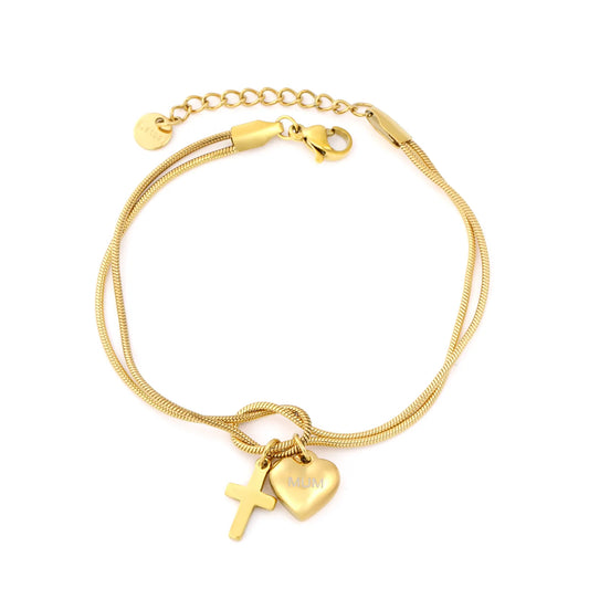 Wholesale Mother’s Day "MUM" Heart & Cross Charm Stainless Steel Bracelet | 18K Gold Plated | Double Layer Knot Snake Chain | Bulk Order MOQ 12