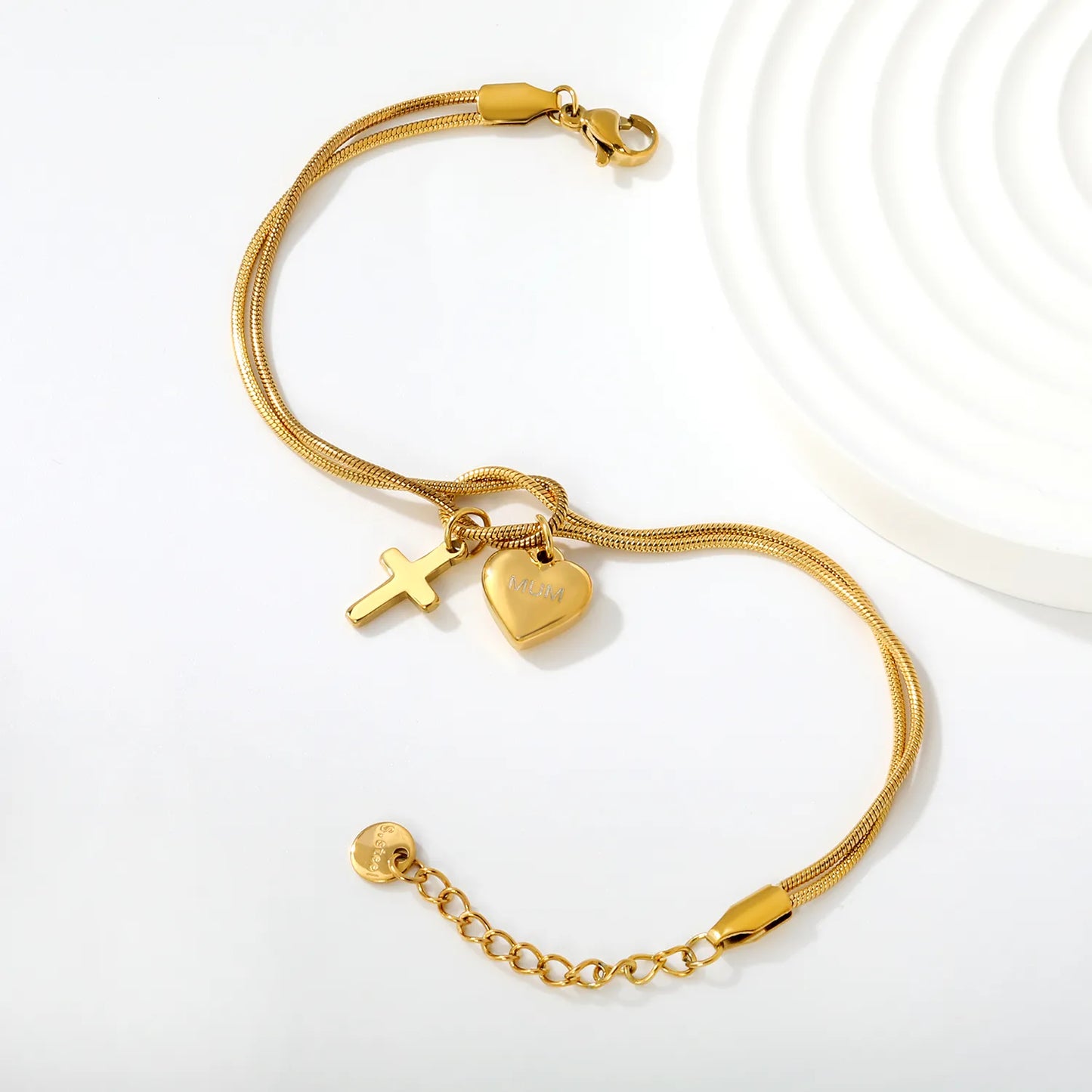 Wholesale Mother’s Day "MUM" Heart & Cross Charm Stainless Steel Bracelet | 18K Gold Plated | Double Layer Knot Snake Chain | Bulk Order MOQ 12
