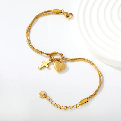 Wholesale Mother’s Day "MUM" Heart & Cross Charm Stainless Steel Bracelet | 18K Gold Plated | Double Layer Knot Snake Chain | Bulk Order MOQ 12