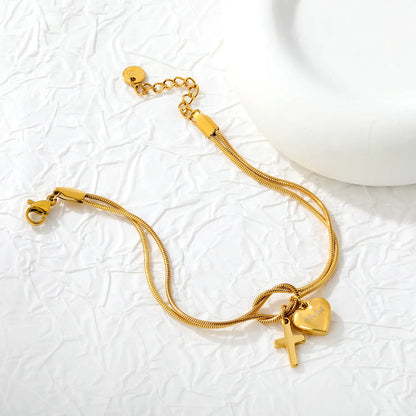 Wholesale Mother’s Day "MUM" Heart & Cross Charm Stainless Steel Bracelet | 18K Gold Plated | Double Layer Knot Snake Chain | Bulk Order MOQ 12
