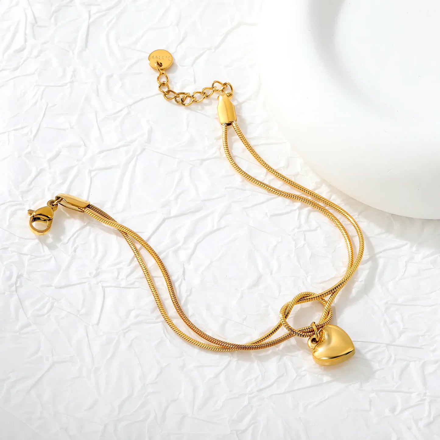 Wholesale 18K Gold Plated Double Layer Heart Charm Stainless Steel Bracelet for Women | Hypoallergenic Snake Chain Knot Bracelet Jewelry