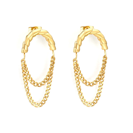 Twisted Hoop Earrings with Layered Chain Drop | Two-Tone/Gold Options | Wholesale Bulk Order MOQ 12