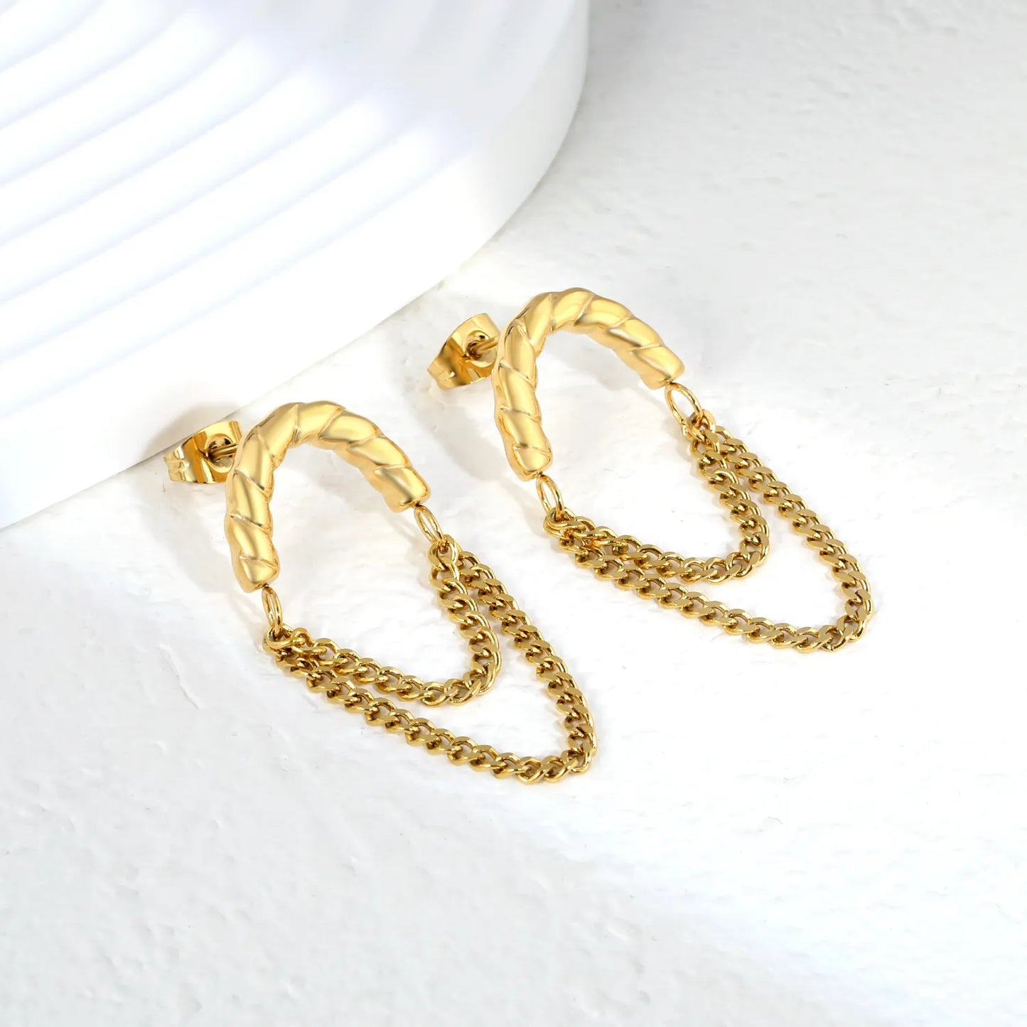 Twisted Hoop Earrings with Layered Chain Drop | Two-Tone/Gold Options | Wholesale Bulk Order MOQ 12
