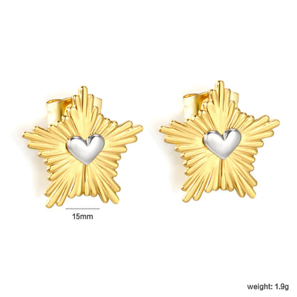 Two-Tone Sunburst Heart Stud Earrings | 18K Gold Plated Stainless Steel | Wholesale Bulk Order MOQ 12