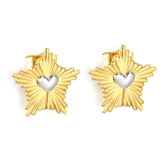 Two-Tone Sunburst Heart Stud Earrings | 18K Gold Plated Stainless Steel | Wholesale Bulk Order MOQ 12