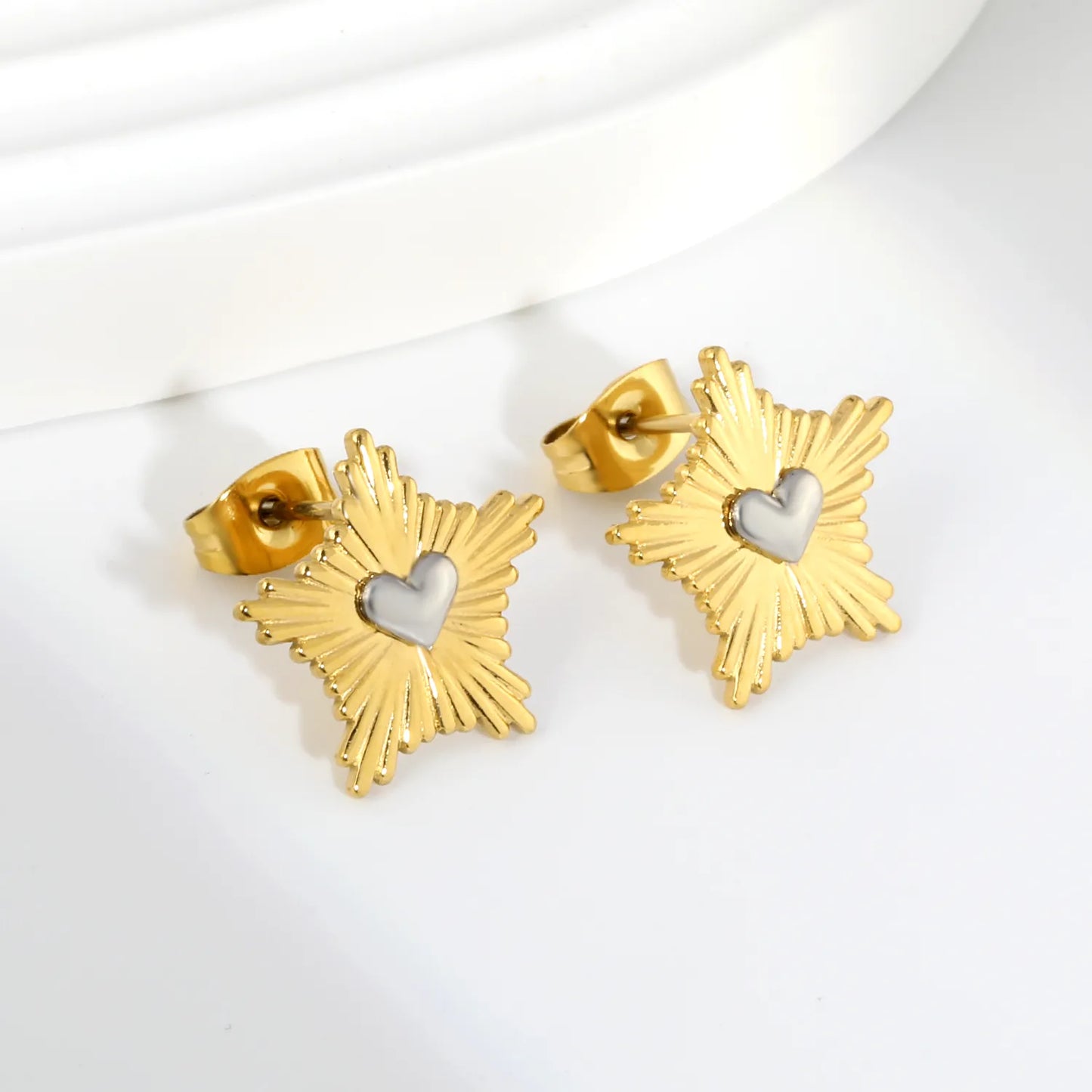Two-Tone Sunburst Heart Stud Earrings | 18K Gold Plated Stainless Steel | Wholesale Bulk Order MOQ 12