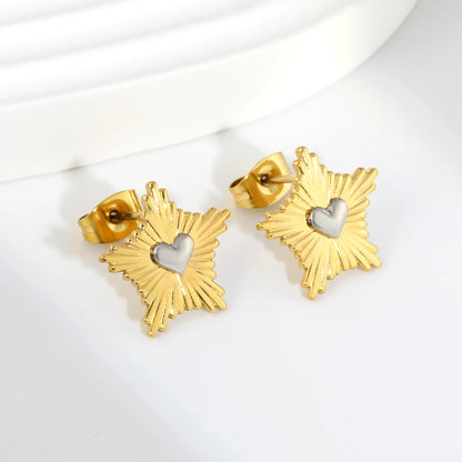 Two-Tone Sunburst Heart Stud Earrings | 18K Gold Plated Stainless Steel | Wholesale Bulk Order MOQ 12