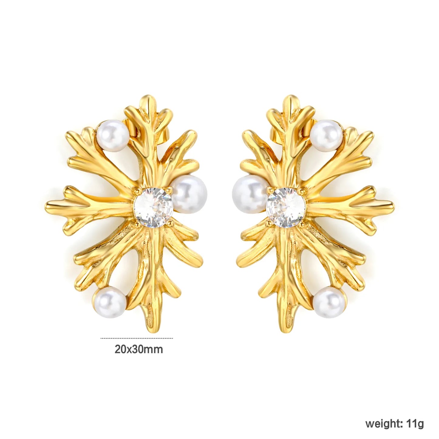 Snowflake Shaped Pearl & Zircon Stud Earrings | 18K Gold Plated Stainless Steel | Wholesale Bulk Order MOQ 12