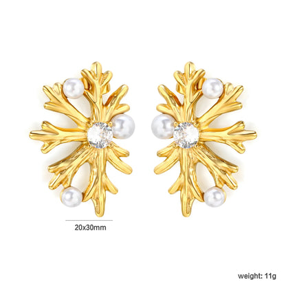 Snowflake Shaped Pearl & Zircon Stud Earrings | 18K Gold Plated Stainless Steel | Wholesale Bulk Order MOQ 12