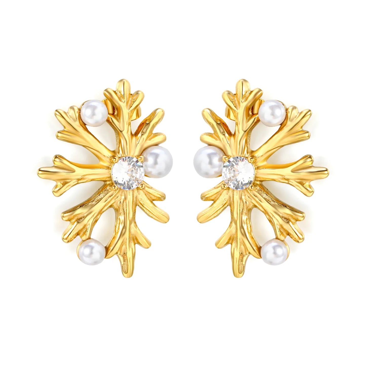 Snowflake Shaped Pearl & Zircon Stud Earrings | 18K Gold Plated Stainless Steel | Wholesale Bulk Order MOQ 12
