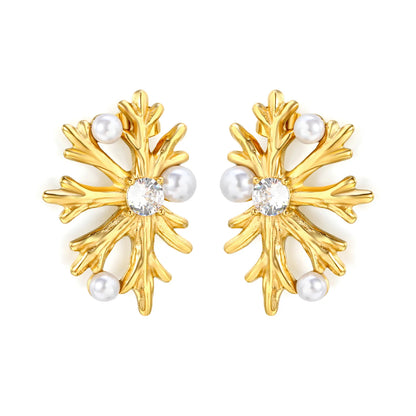 Snowflake Shaped Pearl & Zircon Stud Earrings | 18K Gold Plated Stainless Steel | Wholesale Bulk Order MOQ 12