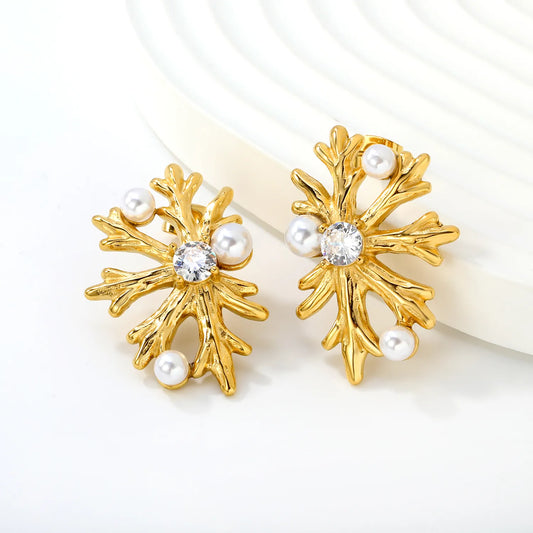 Snowflake Shaped Pearl & Zircon Stud Earrings | 18K Gold Plated Stainless Steel | Wholesale Bulk Order MOQ 12