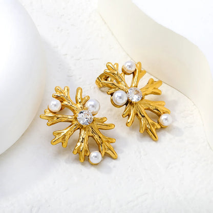 Snowflake Shaped Pearl & Zircon Stud Earrings | 18K Gold Plated Stainless Steel | Wholesale Bulk Order MOQ 12