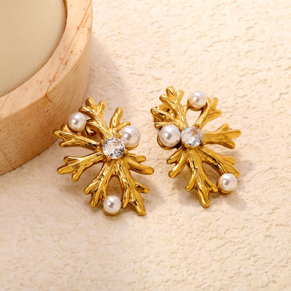 Snowflake Shaped Pearl & Zircon Stud Earrings | 18K Gold Plated Stainless Steel | Wholesale Bulk Order MOQ 12