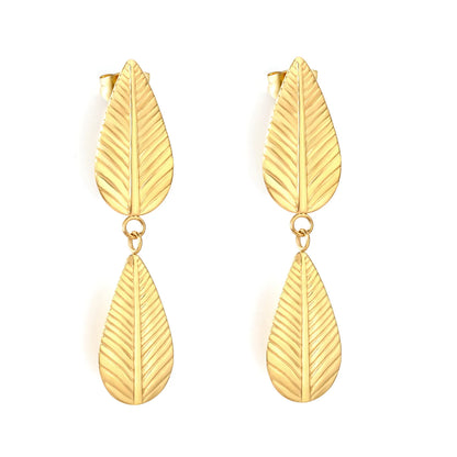 Double Leaf Drop Earrings | 18K Gold Plated Stainless Steel | Wholesale Bulk Order MOQ 12