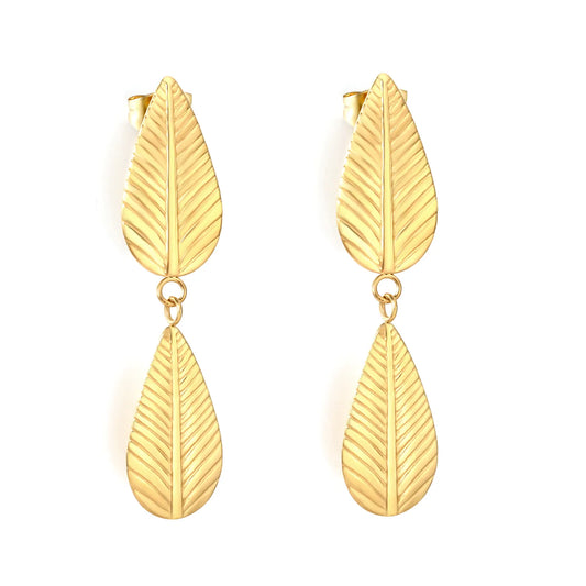 Double Leaf Drop Earrings | 18K Gold Plated Stainless Steel | Wholesale Bulk Order MOQ 12