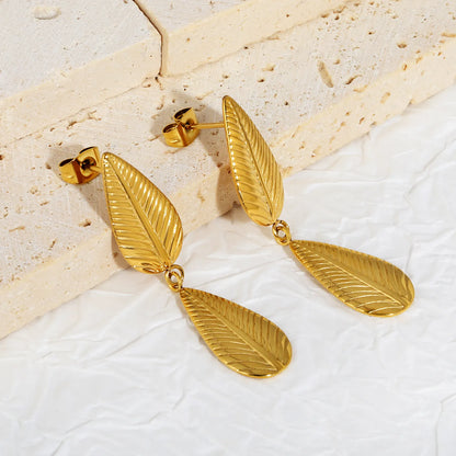 Double Leaf Drop Earrings | 18K Gold Plated Stainless Steel | Wholesale Bulk Order MOQ 12