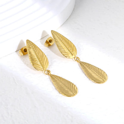 Double Leaf Drop Earrings | 18K Gold Plated Stainless Steel | Wholesale Bulk Order MOQ 12