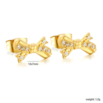 Wholesale 18K Gold Plated CZ Bow Stud Earrings | Hypoallergenic Stainless Steel Jewelry | Bulk Order MOQ 12