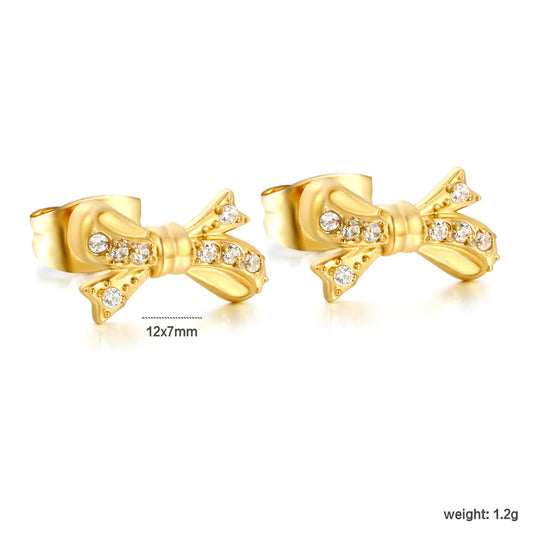 Wholesale 18K Gold Plated CZ Bow Stud Earrings | Hypoallergenic Stainless Steel Jewelry | Bulk Order MOQ 12