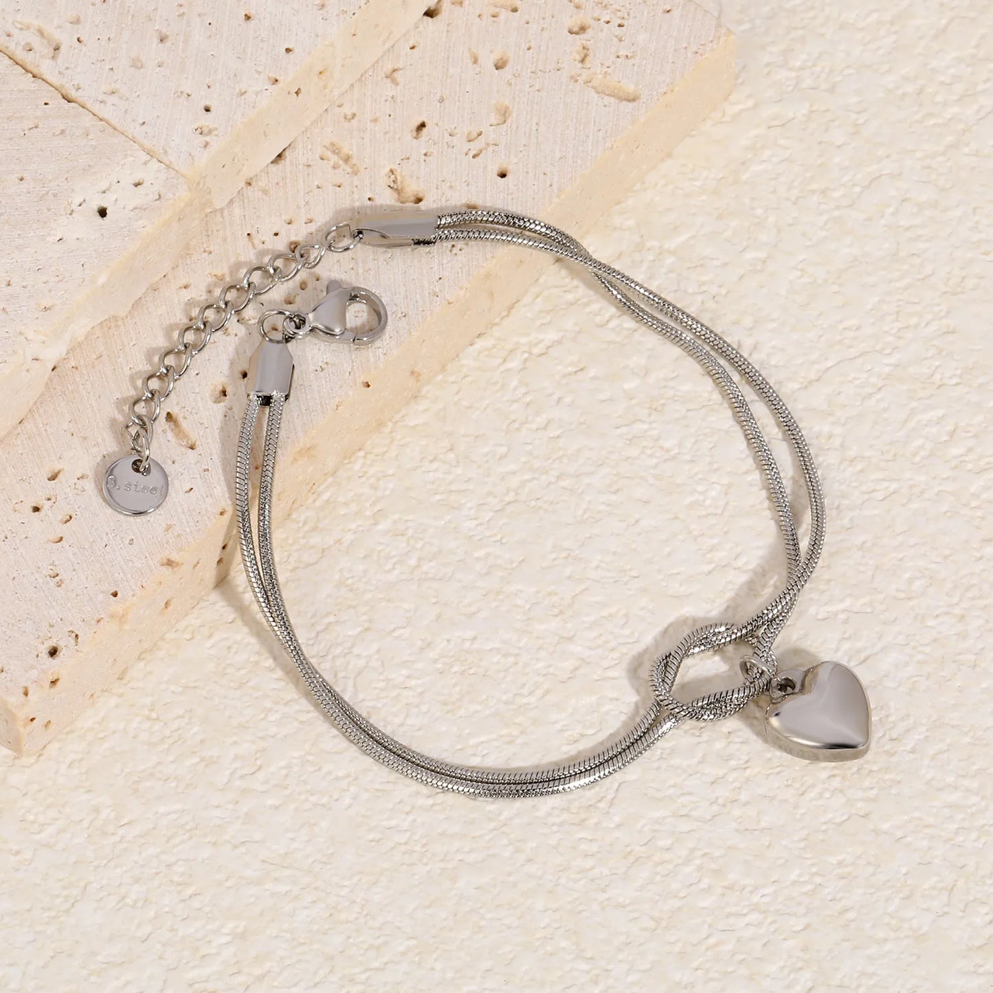 Wholesale 18K Gold Plated Double Layer Heart Charm Stainless Steel Bracelet for Women | Hypoallergenic Snake Chain Knot Bracelet Jewelry