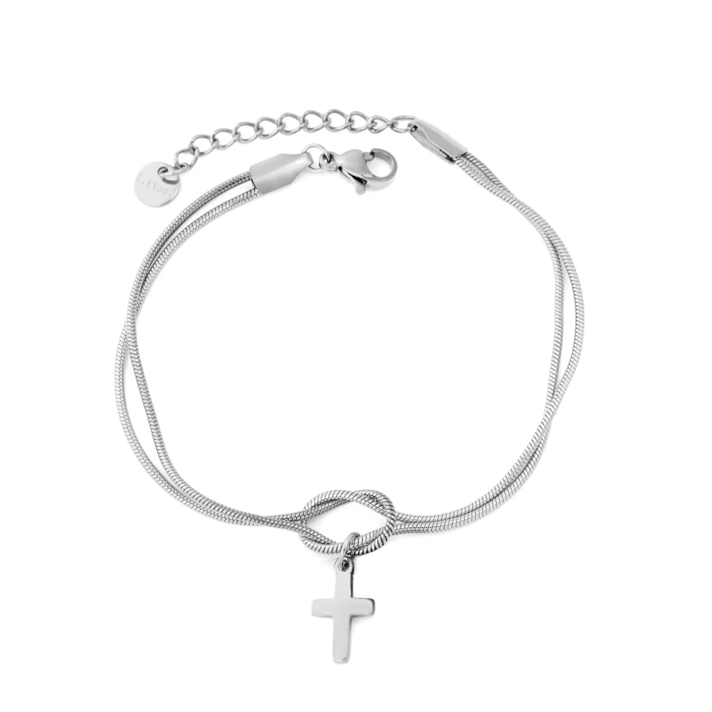 Wholesale Cross Charm Double Layer Stainless Steel Bracelet for Women | 18K Gold Plated & Silver Plated Knot Snake Chain Jewelry