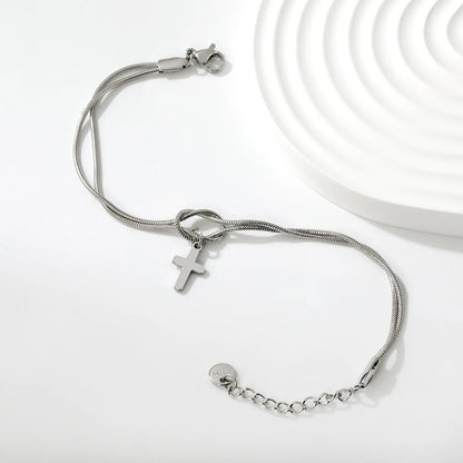 Wholesale Cross Charm Double Layer Stainless Steel Bracelet for Women | 18K Gold Plated & Silver Plated Knot Snake Chain Jewelry