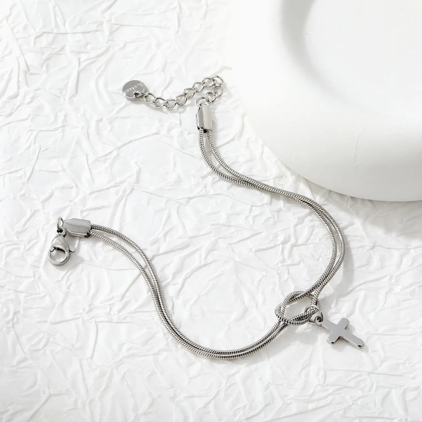 Wholesale Cross Charm Double Layer Stainless Steel Bracelet for Women | 18K Gold Plated & Silver Plated Knot Snake Chain Jewelry
