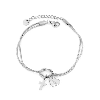 Wholesale 18K Gold Plated "Mom" Heart & Cross Charm Stainless Steel Bracelet | Double Layer Knot Snake Chain Jewelry