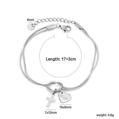 Wholesale 18K Gold Plated "Mom" Heart & Cross Charm Stainless Steel Bracelet | Double Layer Knot Snake Chain Jewelry